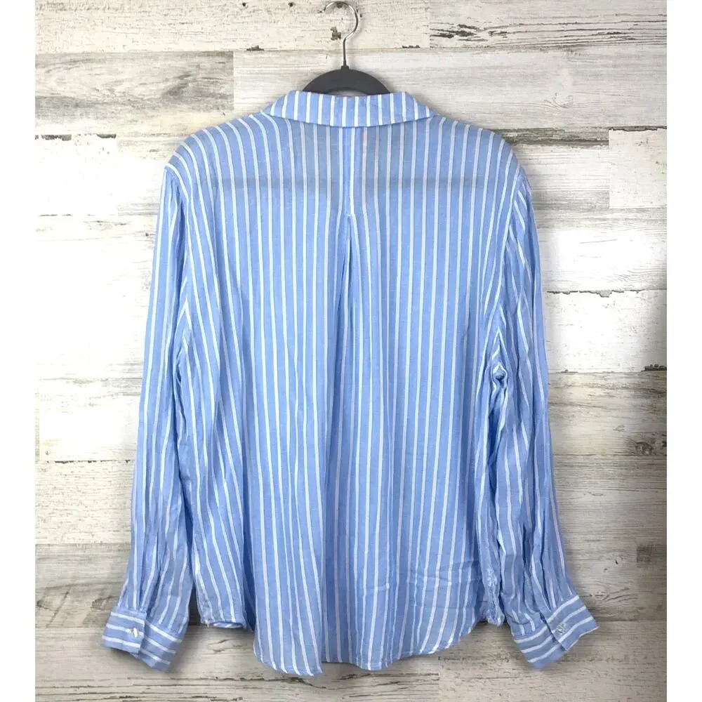 Hester & Orchard Womens L Blue White Stripe Button Up Casual Soft Dress Shirt - Picture 2 of 6